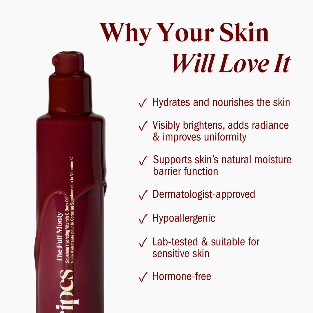 Full Monty Bottle with nozzle dripping oil down the bottle and the list of benefits.