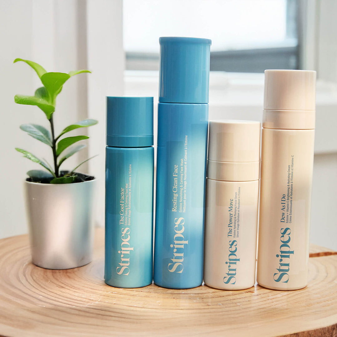 Morning Skincare Routine featuring Stripes cleanser, toner, serum, and face cream for hydrated radiant skin.