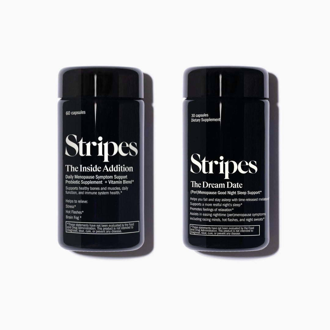 Two Stripes supplement bottles labeled The Inside Addition and The Dream Date from Feel Right & Sleep Tight product line
