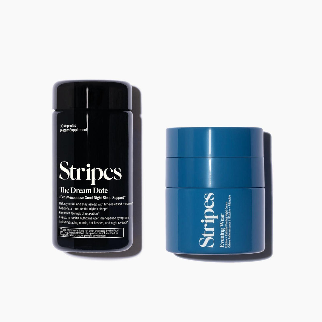 Sleeping Beauty product showing Stripes The Dream Date and Evening Water sleep support supplements in black and blue containers.