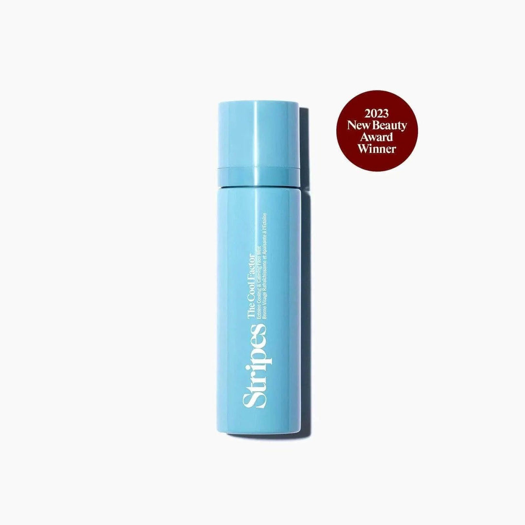 The Cool Factor blue spray bottle with New Beauty Award Winner badge on white background.