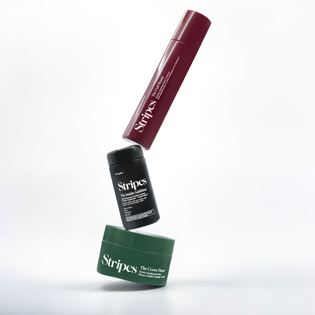 Perimenopause Survival Kit by Stripes Beauty with cream, supplement, and serum for perimenopause symptom relief.
