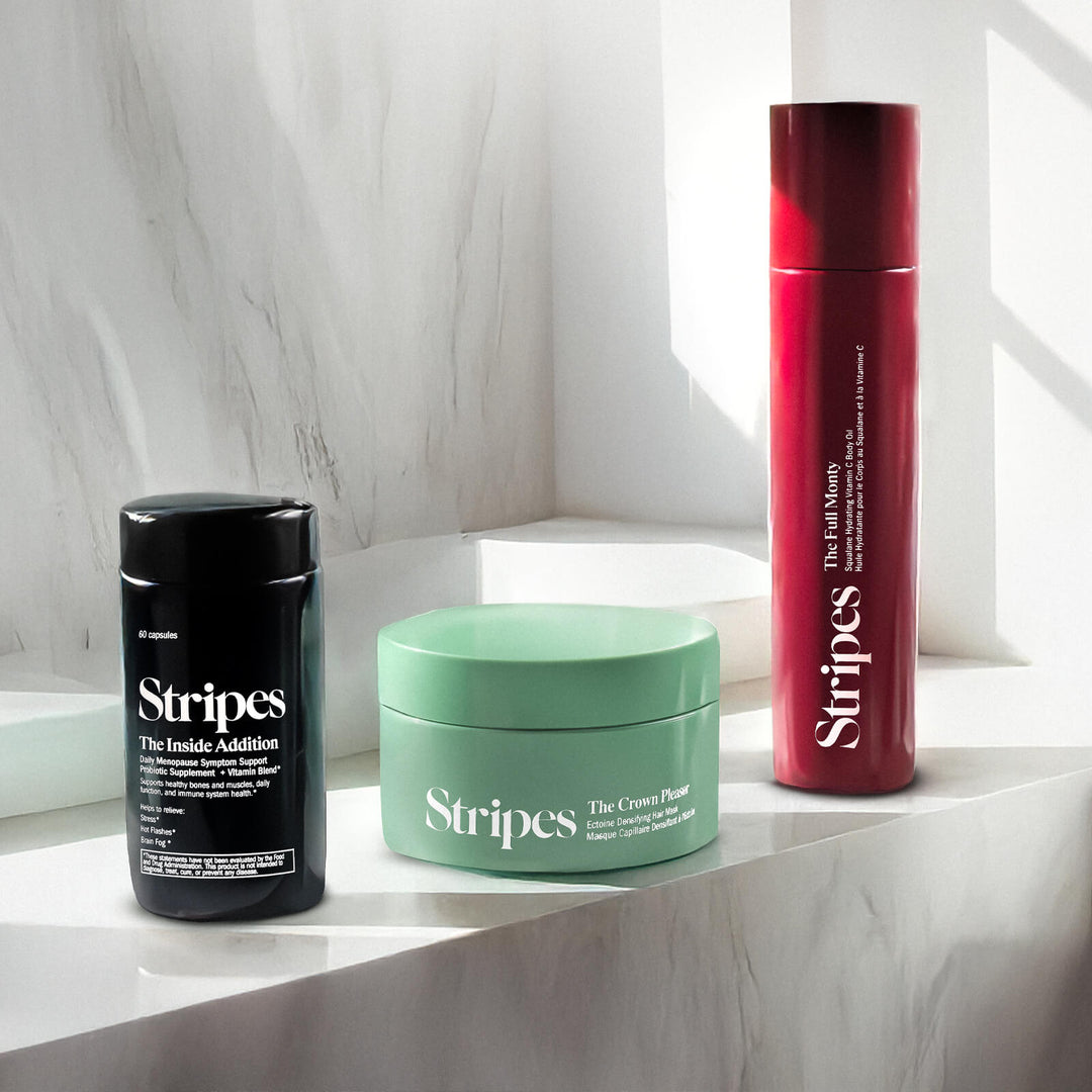 Perimenopause Survival Kit featuring Stripes supplements for hair, skin, and hormonal balance relief during perimenopause.