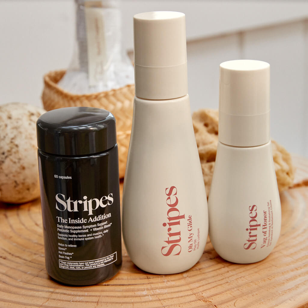 Menopause Survival Kit with Stripes supplements and skincare products for menopause symptom support and wellness care