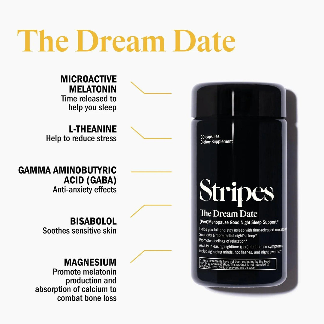 Feel Right & Sleep Tight product showing The Dream Date supplement with sleep and stress relief ingredients benefits.