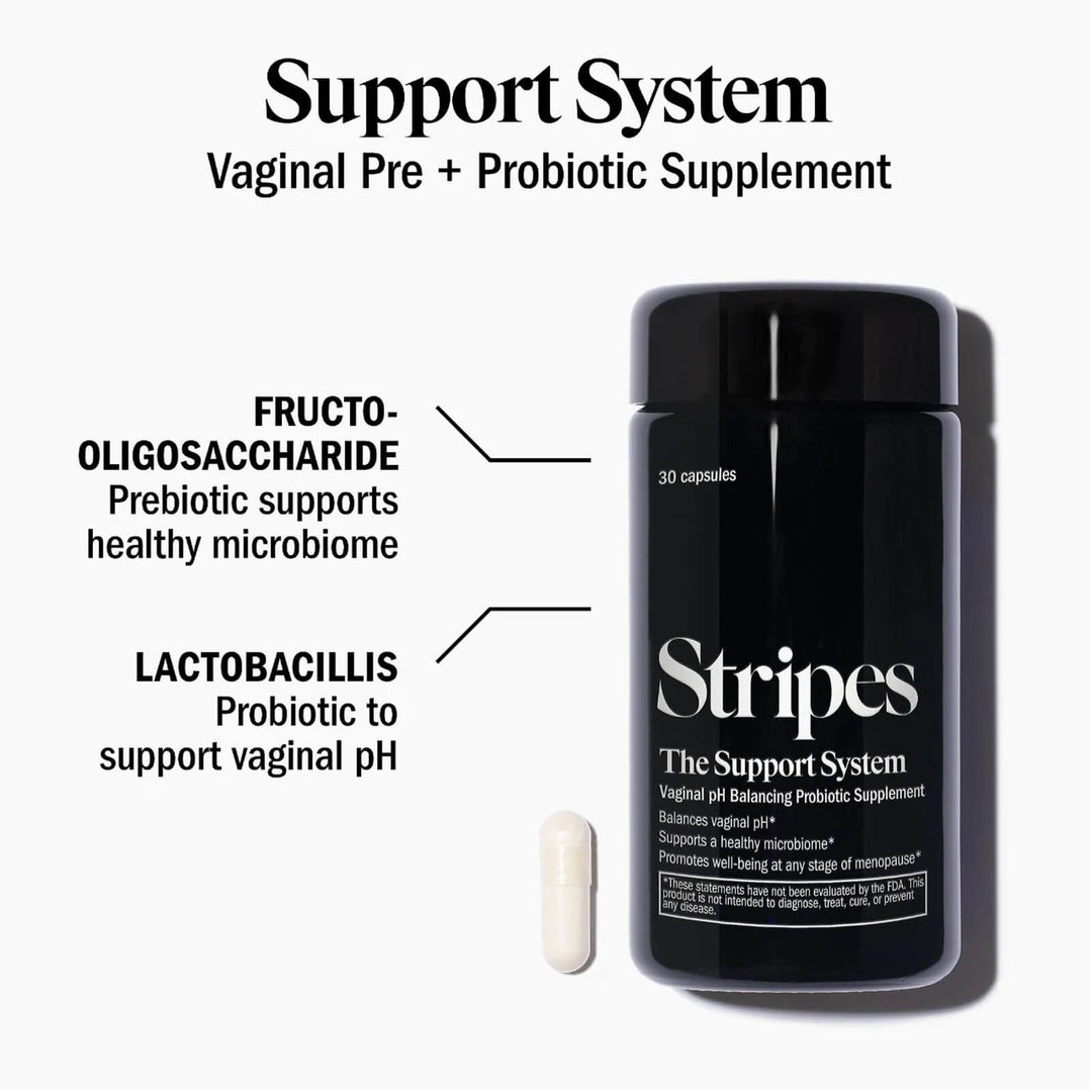 The Support System vaginal pre and probiotic supplement supporting a healthy vaginal microbiome.