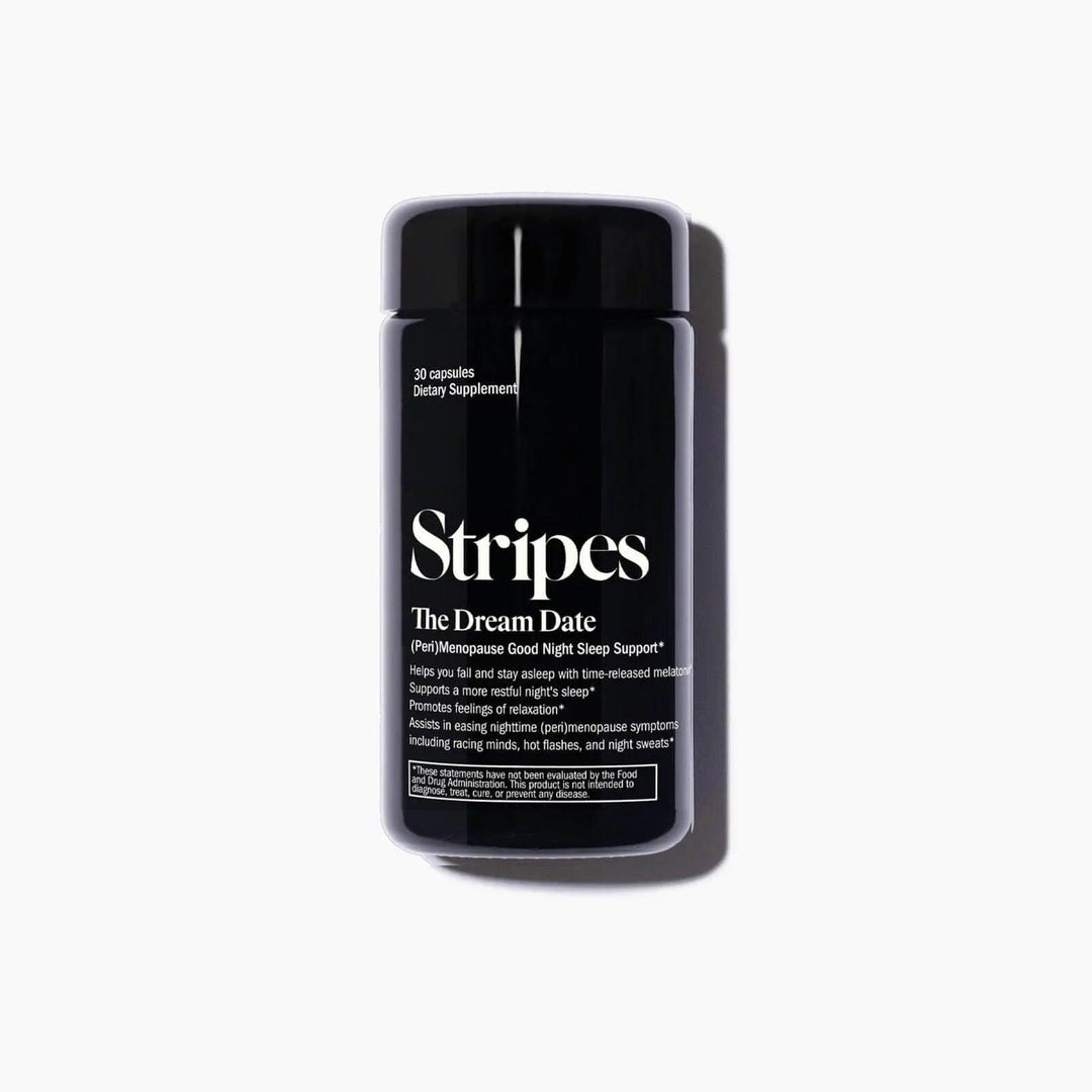 The Dream Date dietary supplement bottle by Stripes for menopause night sleep support capsules