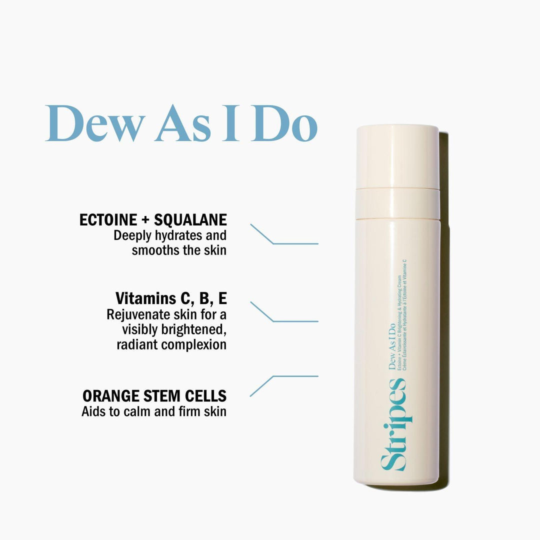 Dew As I Do moisturizer with Ectoine, squalane, vitamins C, B, E, and orange stem cells for hydrated, firm skin.
