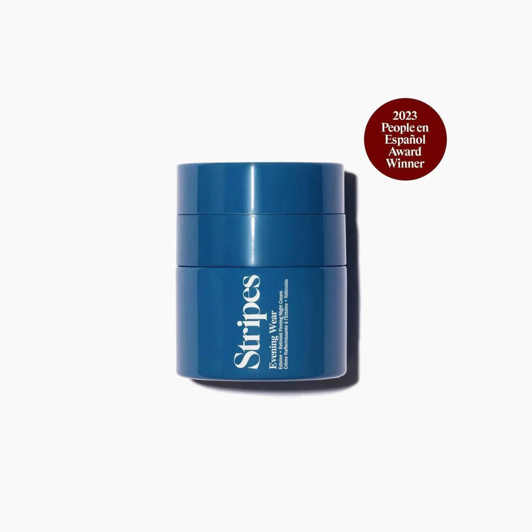 Evening Wear Ectoine + Retinoid Firming Night Cream in blue jar with award badge on white background