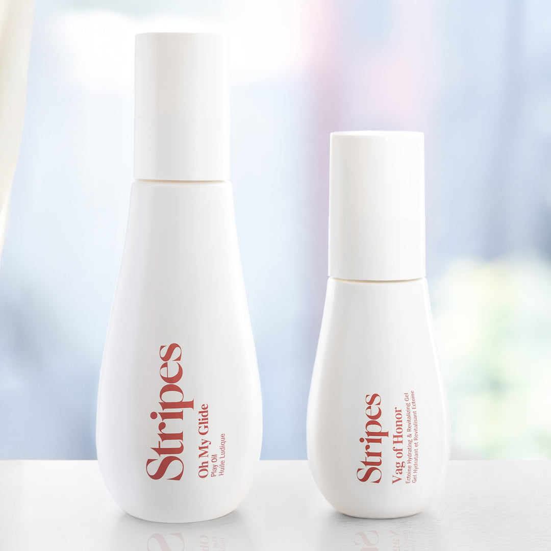 Oh my Glide and Vag of Honor bottles labeled 'Stripes' on a light background