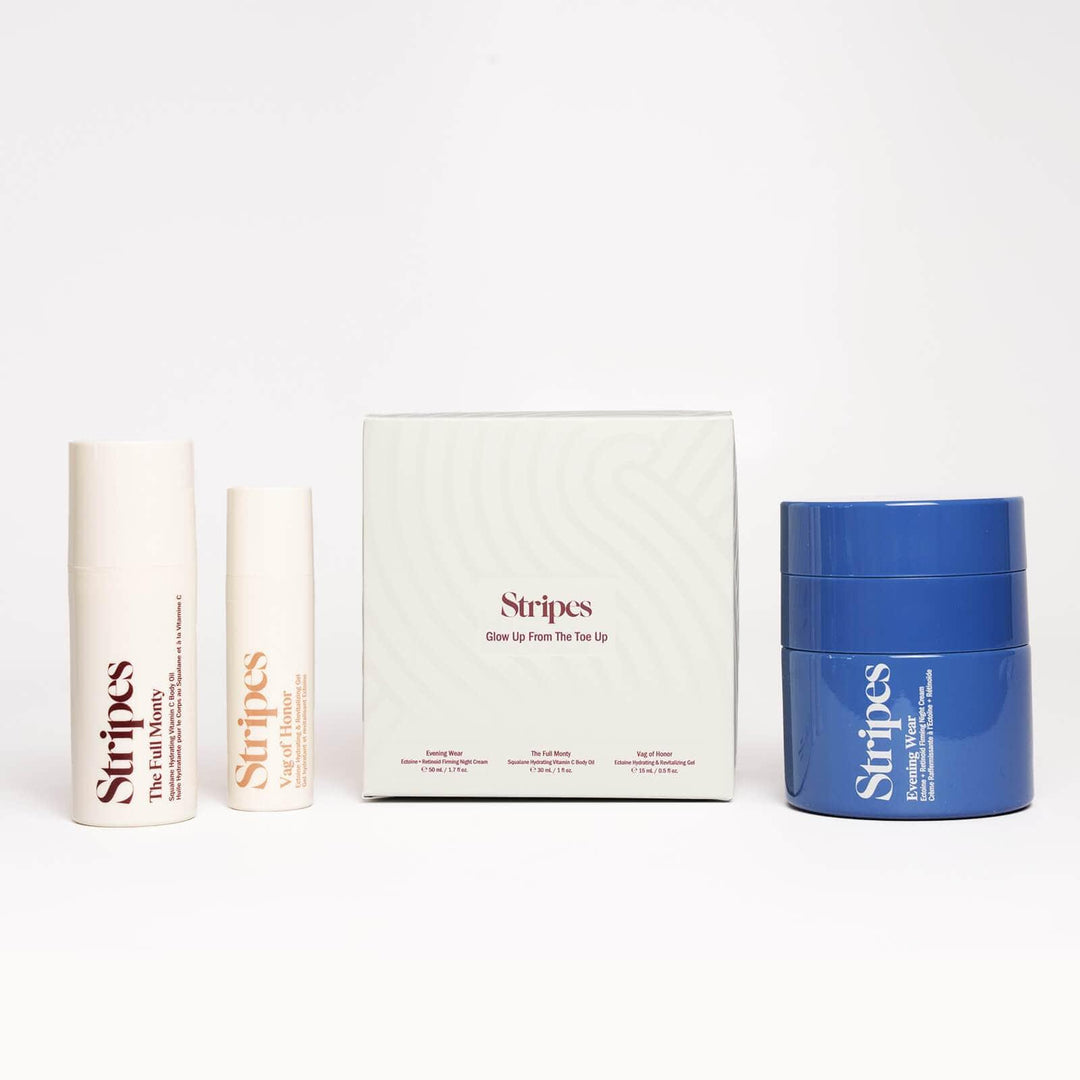 Glow Up From The Toe Up skincare set with night cream, moisturizing blend, and soothing plant-based formula.