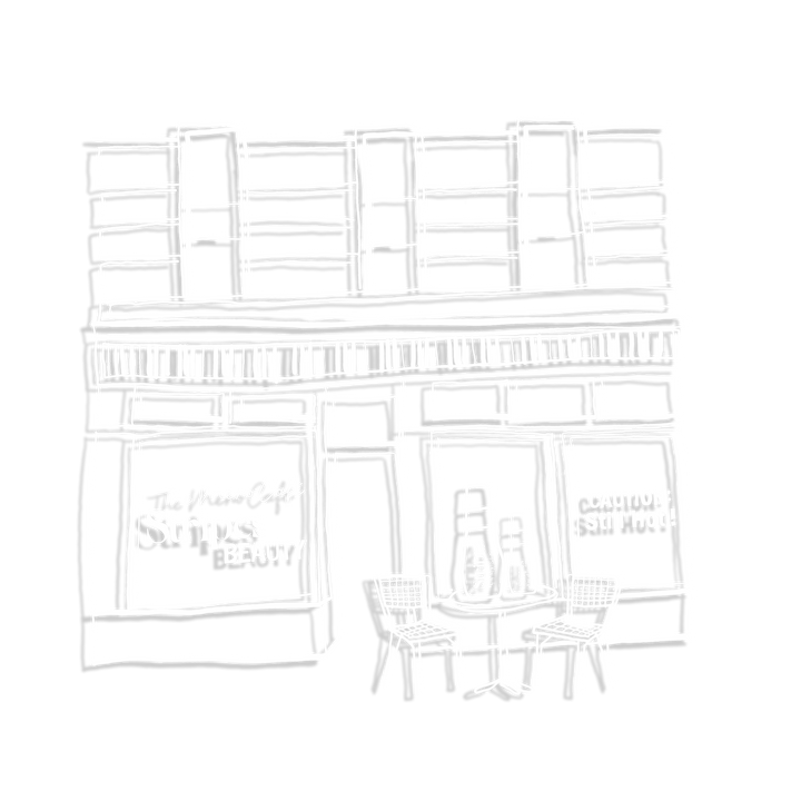 The meno Cafe illustration of an Outline Cafe with a sign and chairs outside