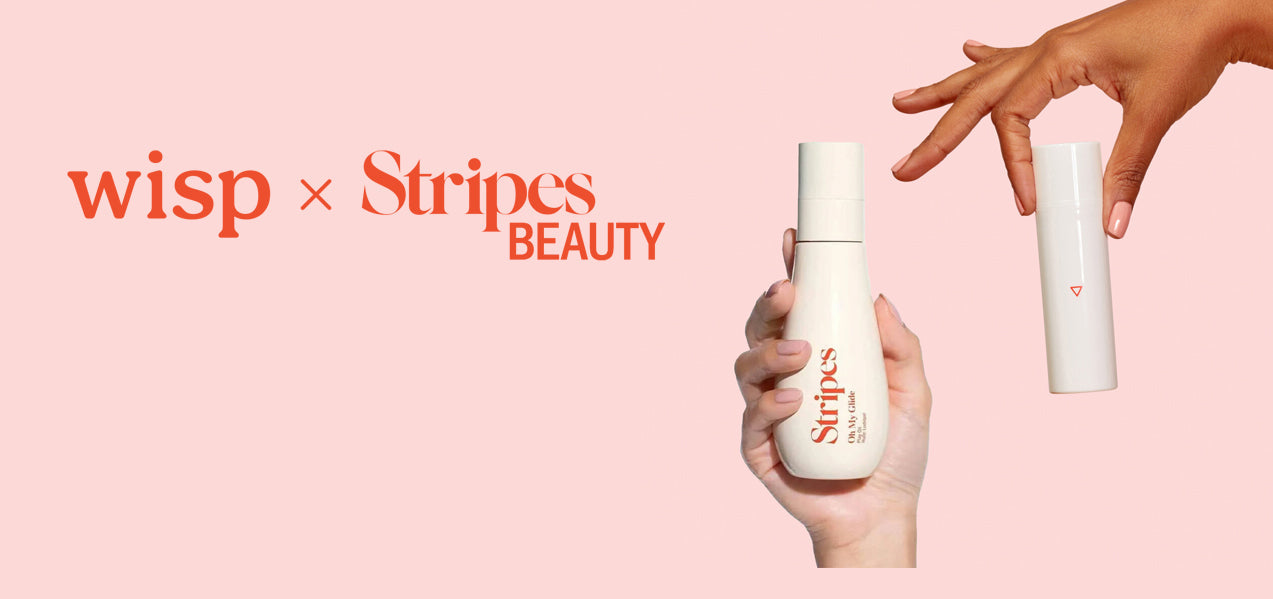 Two beauty products held by hands with 'wisp' and 'Stripes Beauty' branding on a pink background.