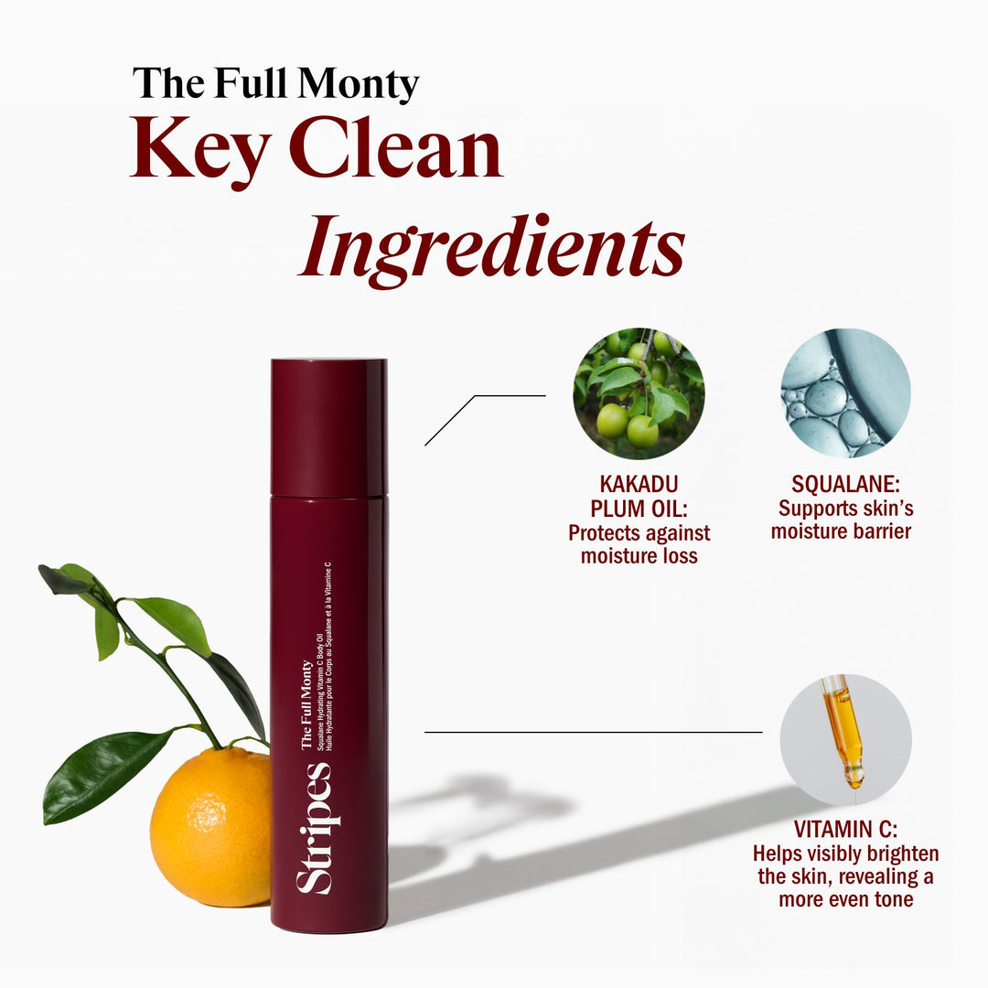 Bottle of The Full Monty Key Clean next to citrus fruit with ingredient highlights and benefits on white background
