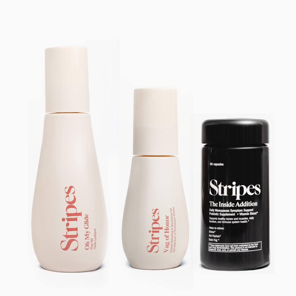 Menopause Survival Kit with Stripes spray bottles and capsules supporting menopause symptom relief and hormone balance.