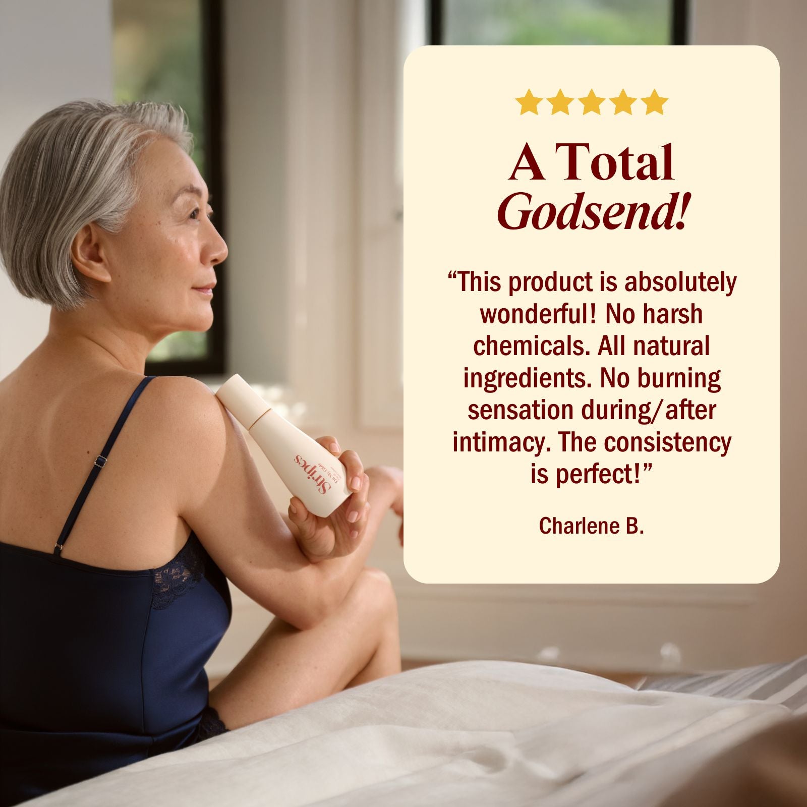 Woman holding a product with a five-star rating and positive review text overlay.