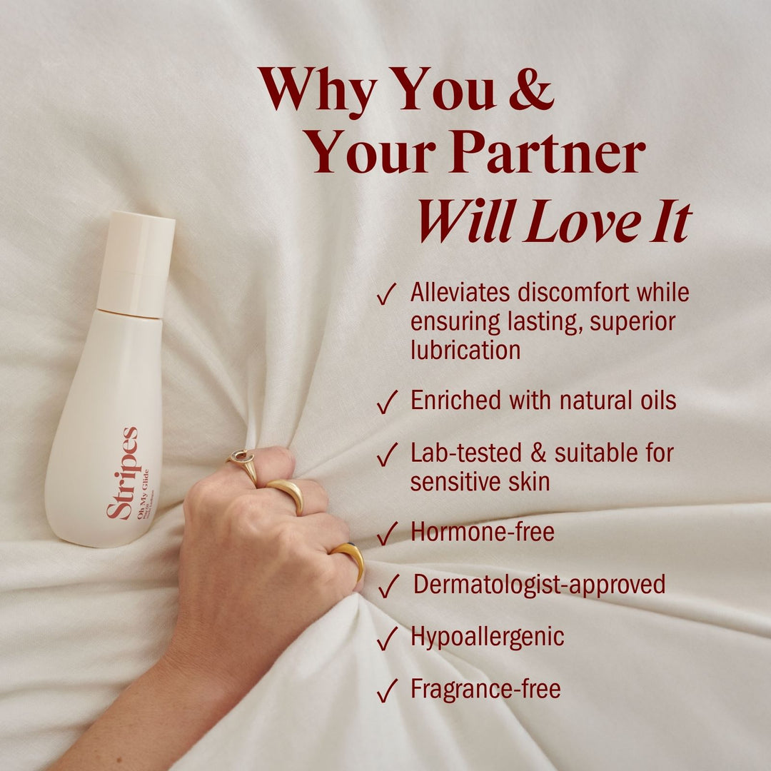 Stripes Oh My Glide product with text highlighting benefits on a bed sheet background