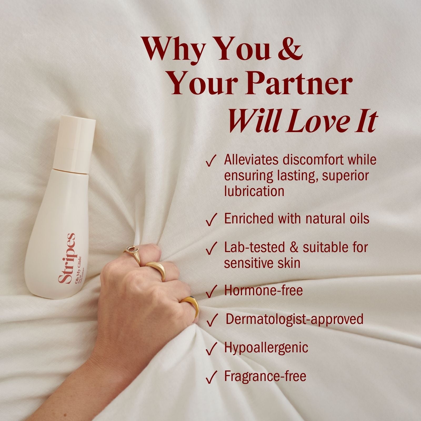 Stripes Oh My Glide product with text highlighting benefits on a bed sheet background