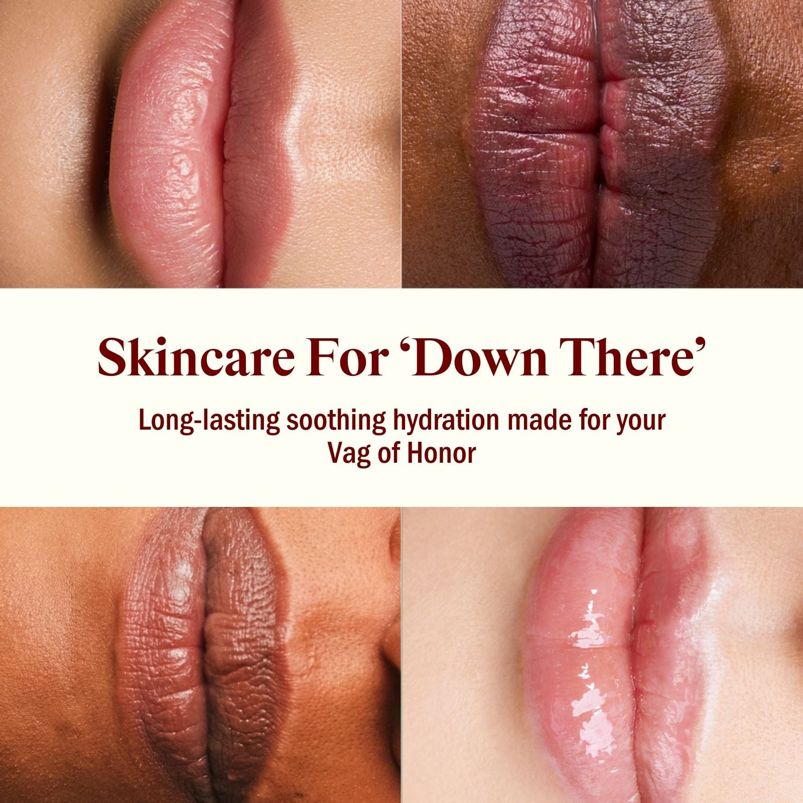 Skin fare for "Down There" Image for 4 var type of female lips with different color skin to illustrate diversity.