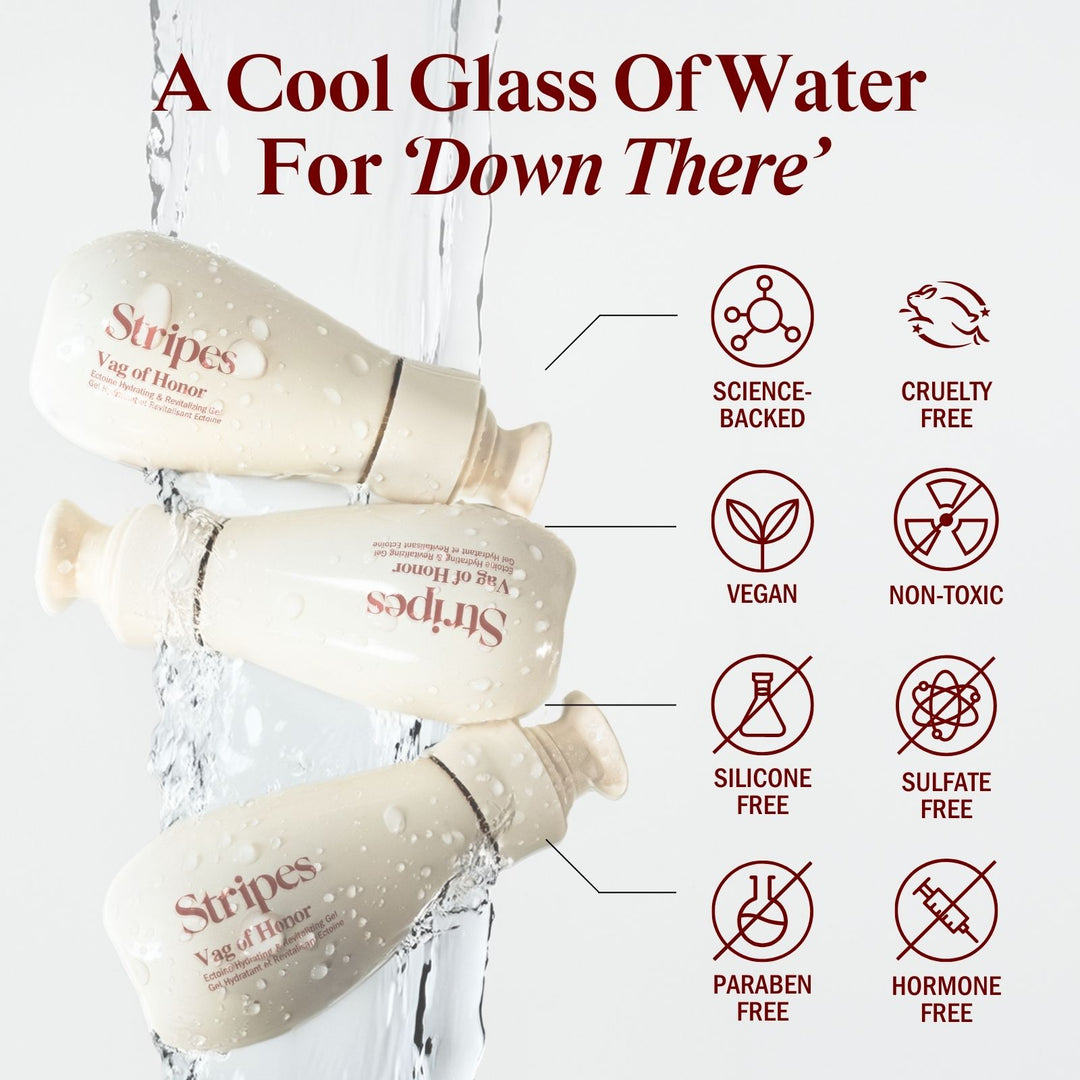 Science-Backed, Crulty Free, Vegan, Non Toxic, Silicon Free, Sulfate Free, Paraben Free, Hormone Free icons next to Vag of honor Product with liquid splashes