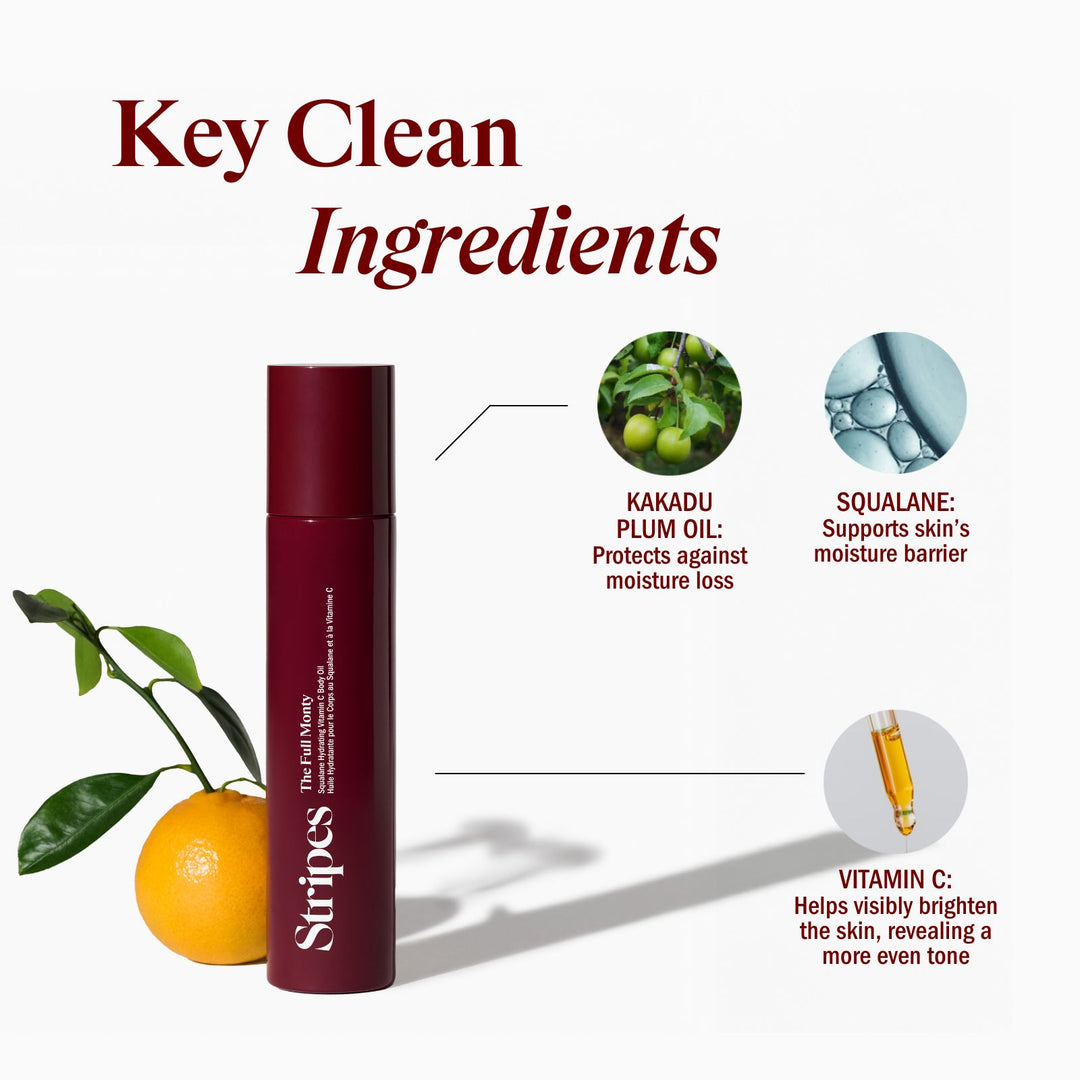 Full Monty Bottle with a mandarine on the side on a white background. 3 key ingredients thumbnail round images pointing to key ingredient featured.