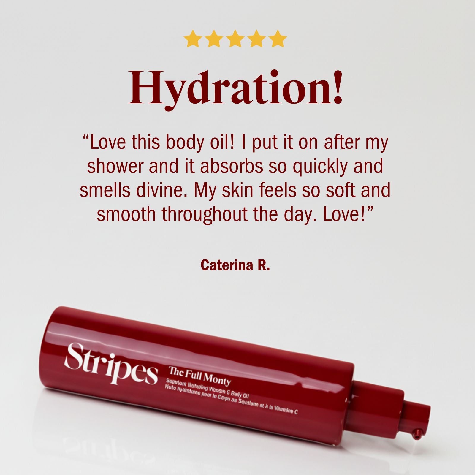 The Full Monty body oil bottle with customer review on a light gray background