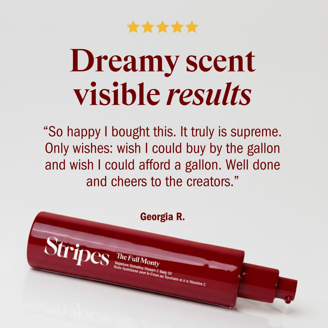 Full Monty bottle laying on it;' side with a Quote saying Dreamy scent visible results"