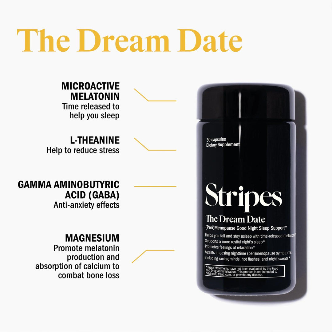 The Dream Date supplement bottle with ingredients for sleep support and stress relief on white background