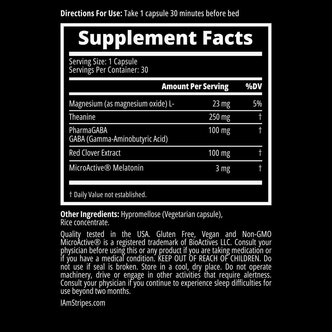 Supplement facts label for The Dream Date showing ingredients like Magnesium, Theanine, PharmaGABA, Red Clover Extract, and Melatonin.