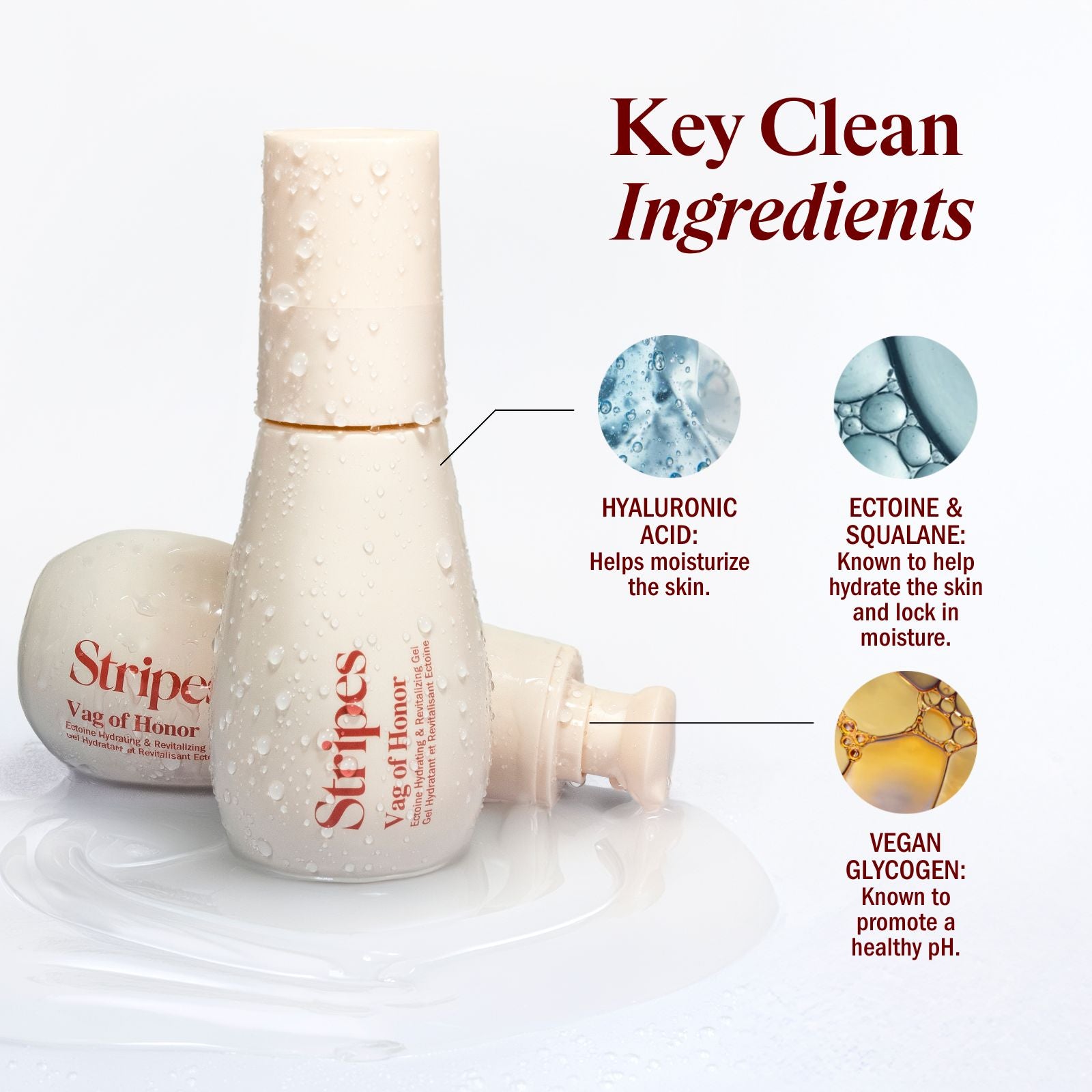 Vag og Honnor Stripes bottle with key clean ingredients highlighted on a white background