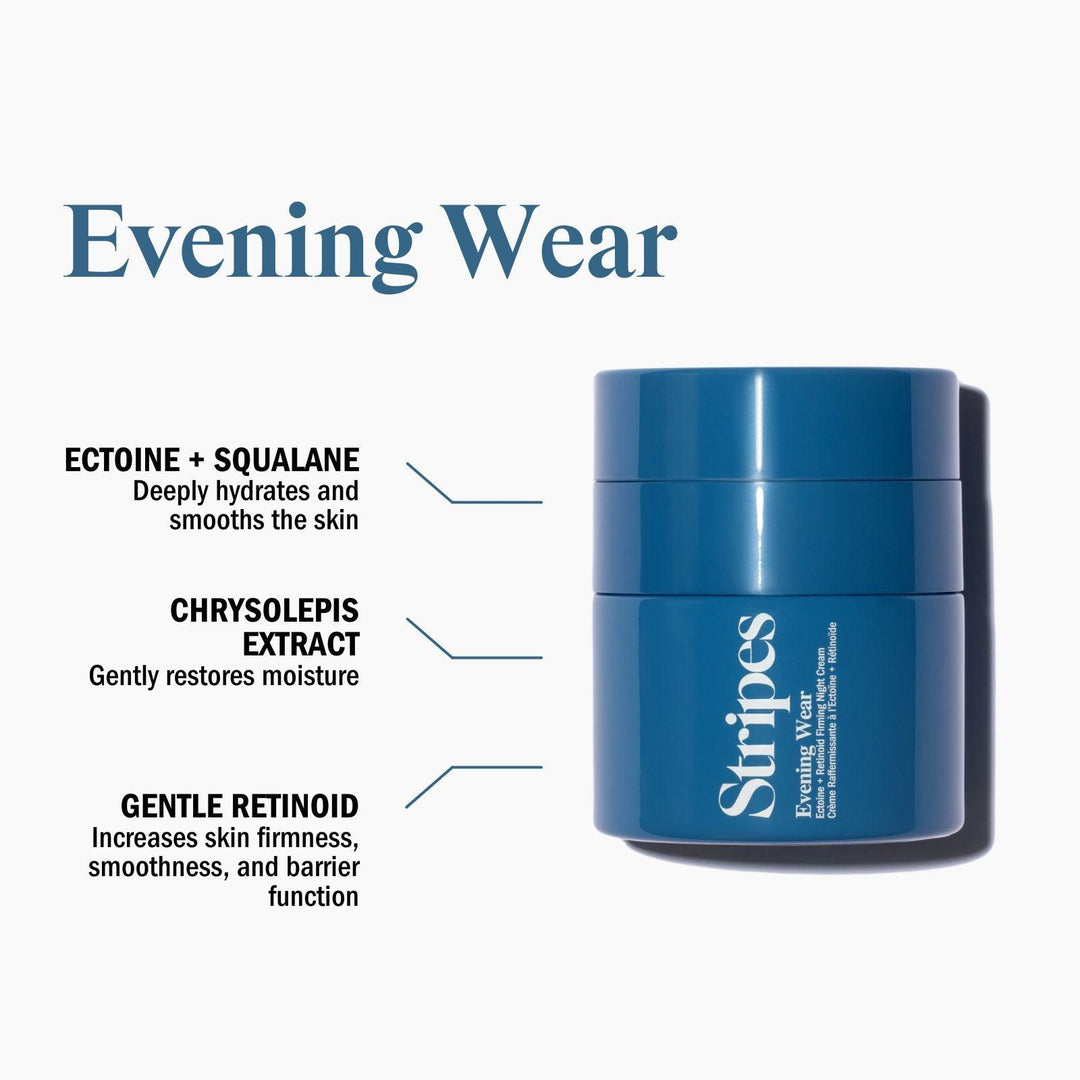 Evening Wear firming night cream with ectoine, squalane, and gentle retinoid for hydrated, smooth, and radiant skin.
