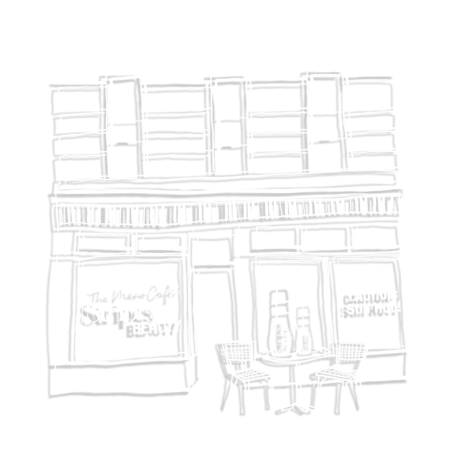 The meno Cafe illustration of an Outline Cafe with a sign and chairs outside