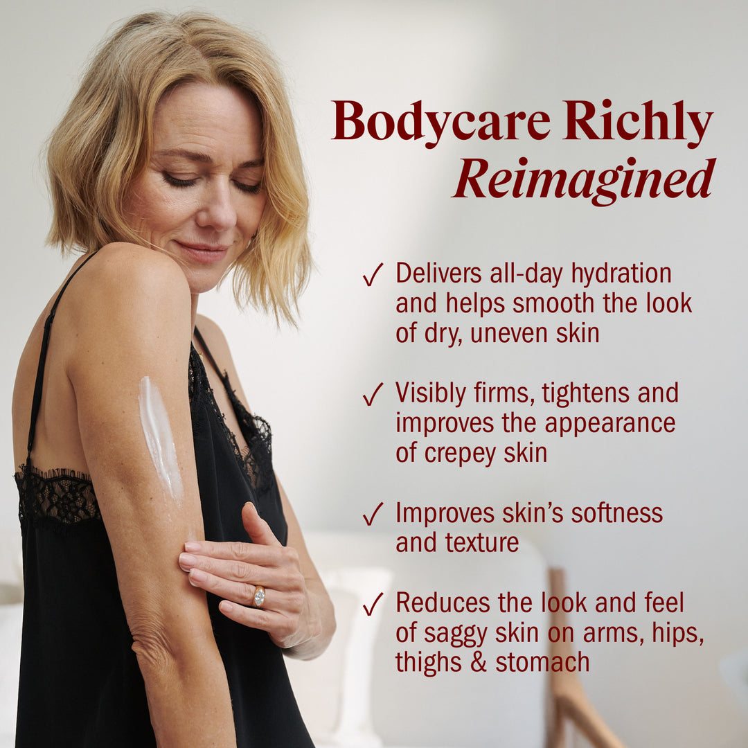 Naomi Watts applying body lotion with text about skin care benefits on a white background