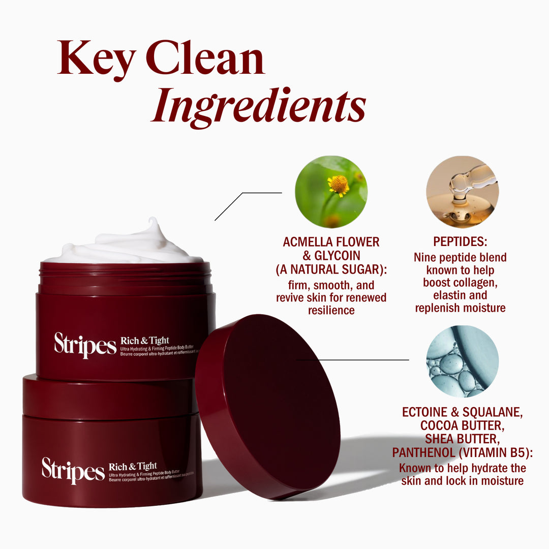 Stripes Rich & Tight skincare product with key ingredients displayed on a white background