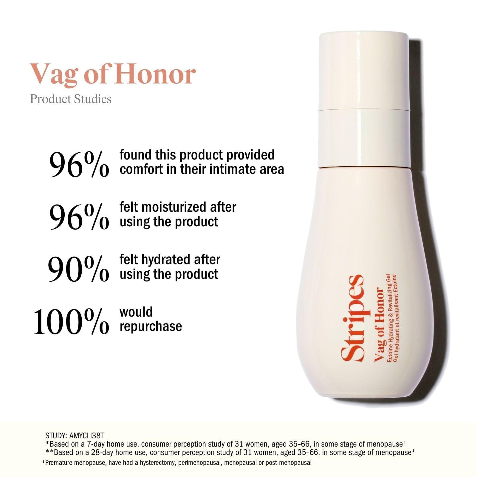 Bottle of Vag of Honor gel-based intimate hydrator with product study statistics on comfort and hydration benefits.